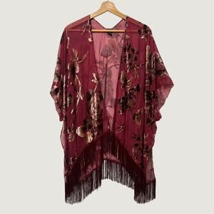 Whimsigoth Burgundy Kimono Wrap Burnout Velvet Floral Fringe Roffe Western Boho